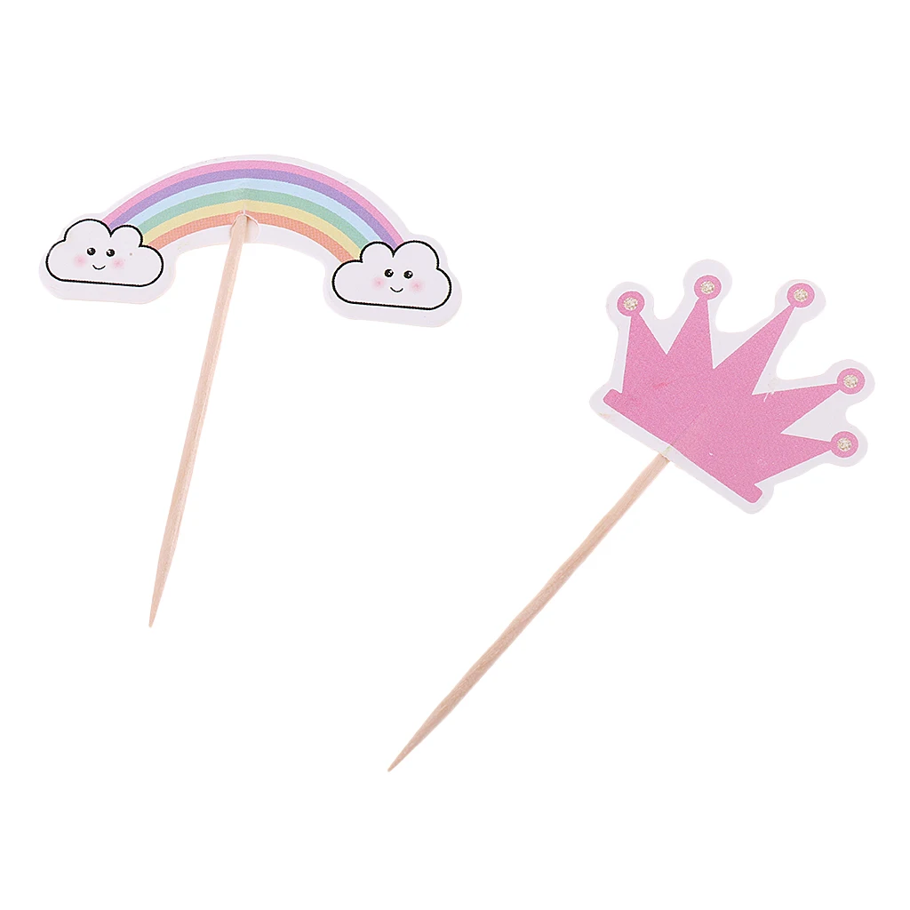 24x Unicorn Cake Picks Rainbow Cupcake Toppers Crown Heart Shape Cake Décor