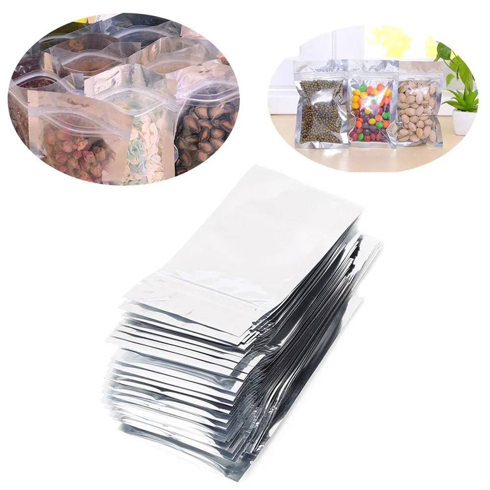 

50pcs Wholesale Many Size Reusable Stand Up Silver Aluminum Foil Ziplock Bag Food Grade Thick Ziplock Coffee Foil Bags