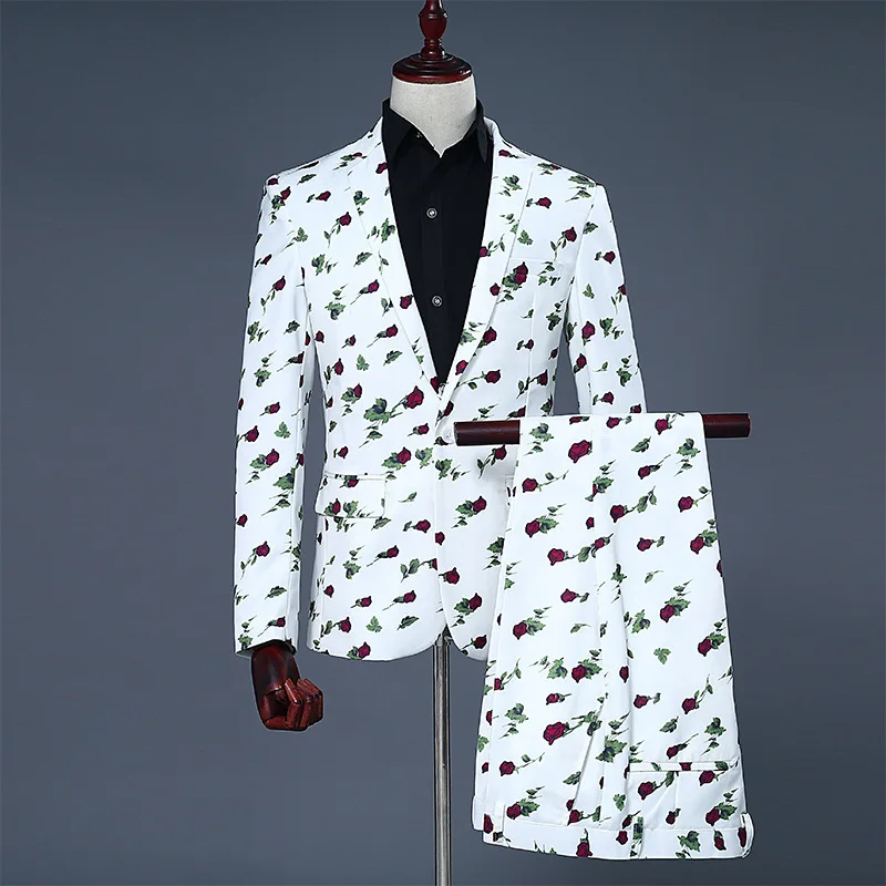 

Men's Printed Groom Dress Suit Men's Stage Blazer White Two Piece Set Coat Pants Casual Mens Suits Regular Men's Clothing