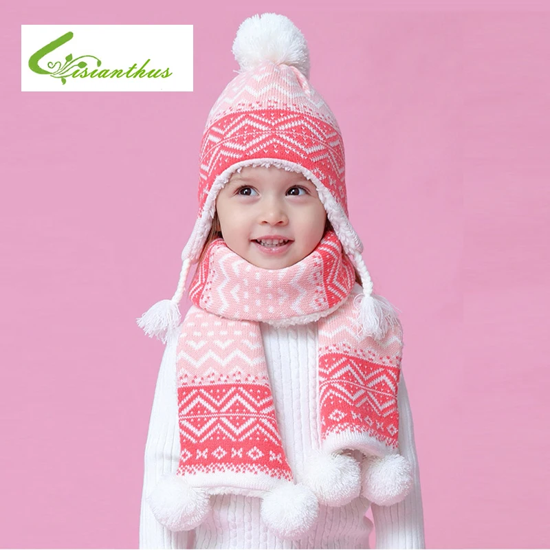 Us 7 8 48 Off Winter Kids Knitted Hat Scarf Fashion Geometry Pattern Thickening Hat Ear Flap Cap Warm Children Christmas New Year Snow Caps In Hats