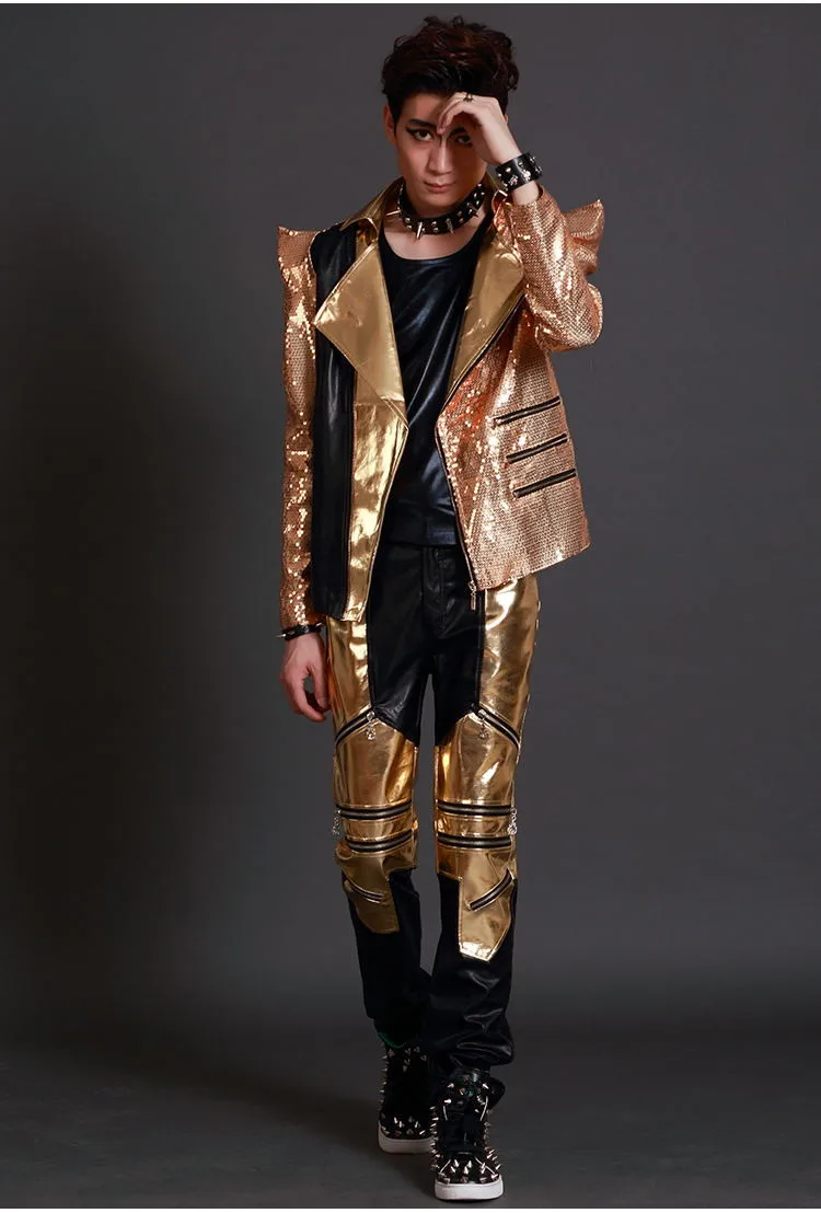 Ночной клуб хип-хоп рок певец костюм Штаны из искусственной кожи золотого и черного цвета Прохладный Длинные брюки в стиле панк бар концерт