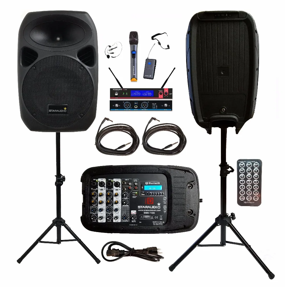 

Pair STARAUDIO 1500W 10"PA DJ Party Stage MP3 BT Speakers With 4CH VHF Wireless Mics Stands With Powered Mixer Cables SSD-10A