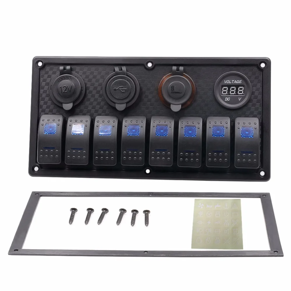

QILEJVS 2017 NEW 8Gang rocker switch Panel+Digital Voltmeter+Double USB Power Charger Adapter APR20_20
