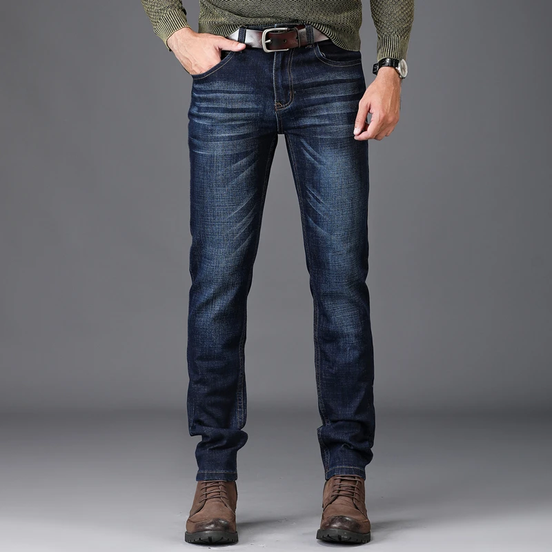 Для мужчин джинсы осень-зима для бизнес на каждый день Slim Прямые джинсы стрейч джинсовые штаны брюки классические ковбои молодой мужские