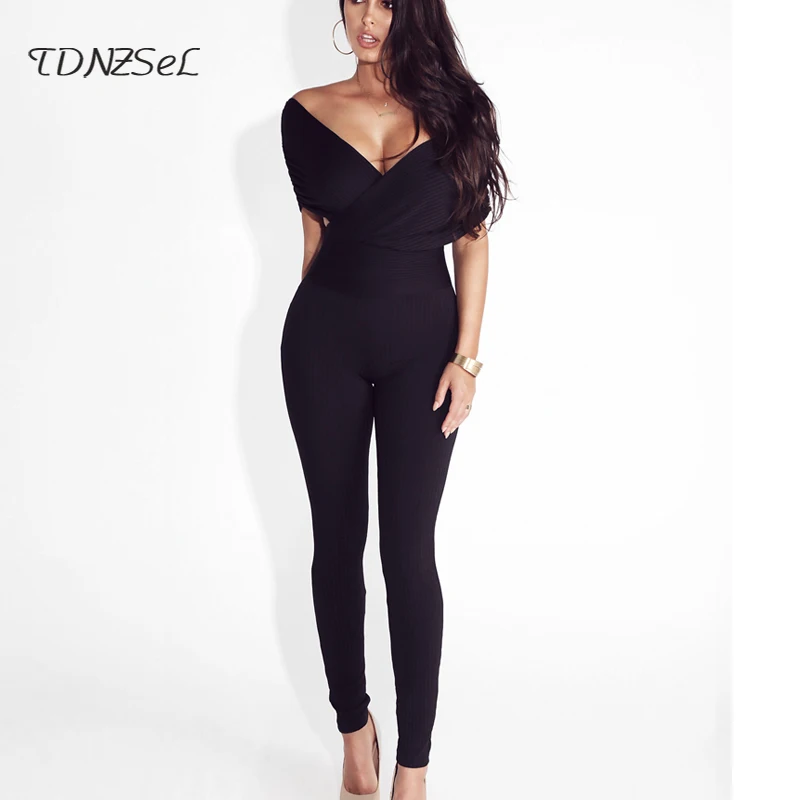 

Women Sexy Summer Black White Skinny Jumpsuit Off Shoulder Deep V Backless Slim Solid Long Pants Rompers Nightclub Clothing