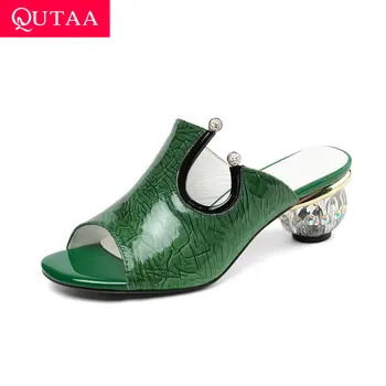 

QUTAA 2019 Women Sandals Genuine Leather Peep Toe Fashion Strange Heel Cut Outs Slingback Summer Antiskid Ladies Shoes Size34-42