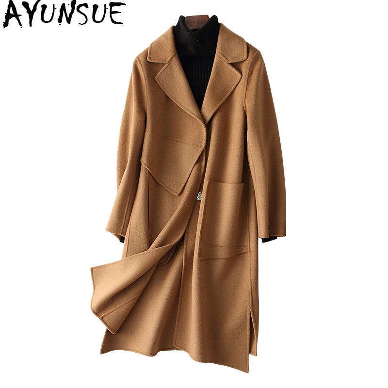 

AYUNSUE 2019 Spring Autumn Women Wool Coat Long Fashion Camel Sided Wool Female Jacket Winter Coats Woman Outerwear 38031 YQ1479