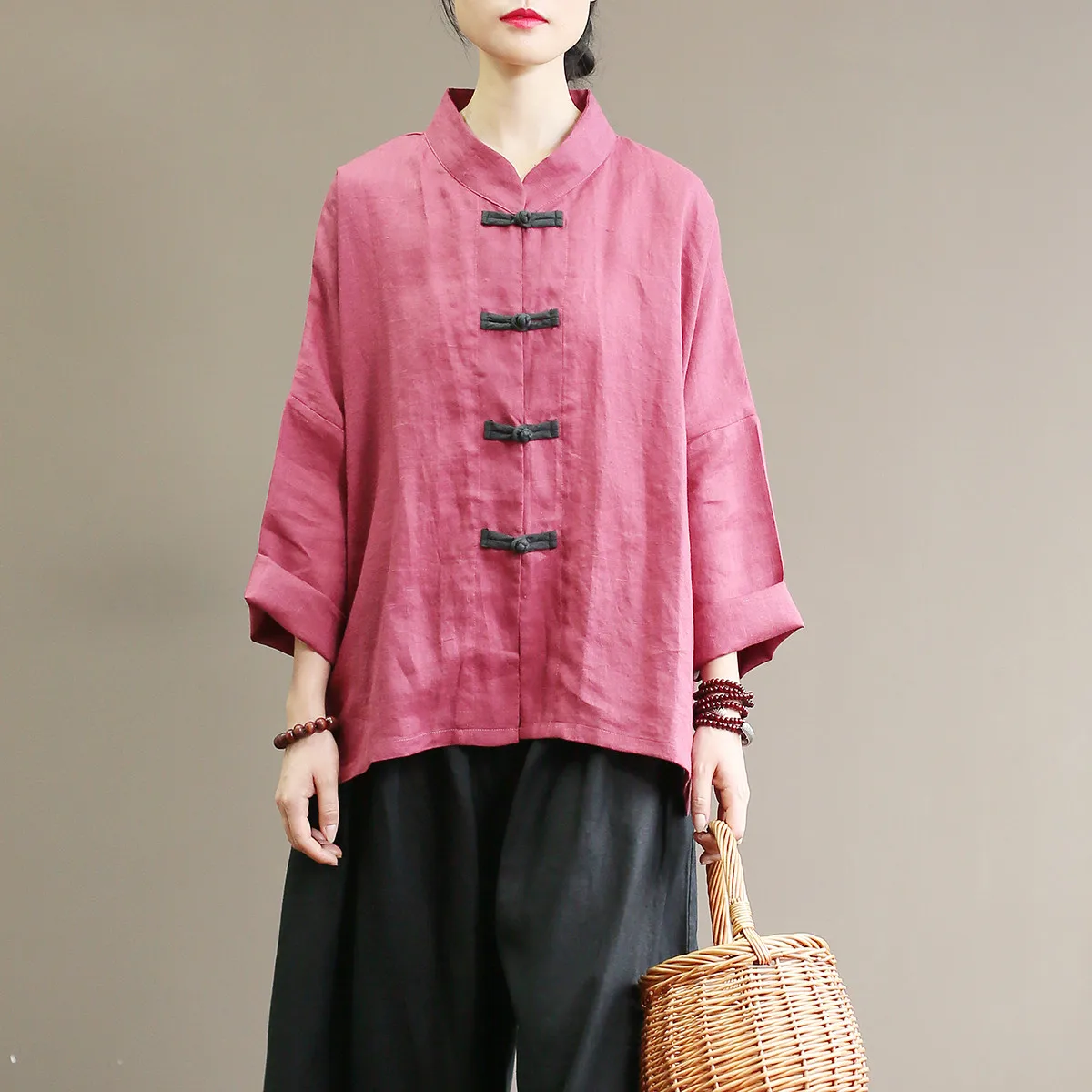 Johnature, Осенние винтажные рубашки для женщин, Однотонные блузки со стоячим воротником, новинка, осенние женские рубашки в китайском стиле, высокое качество