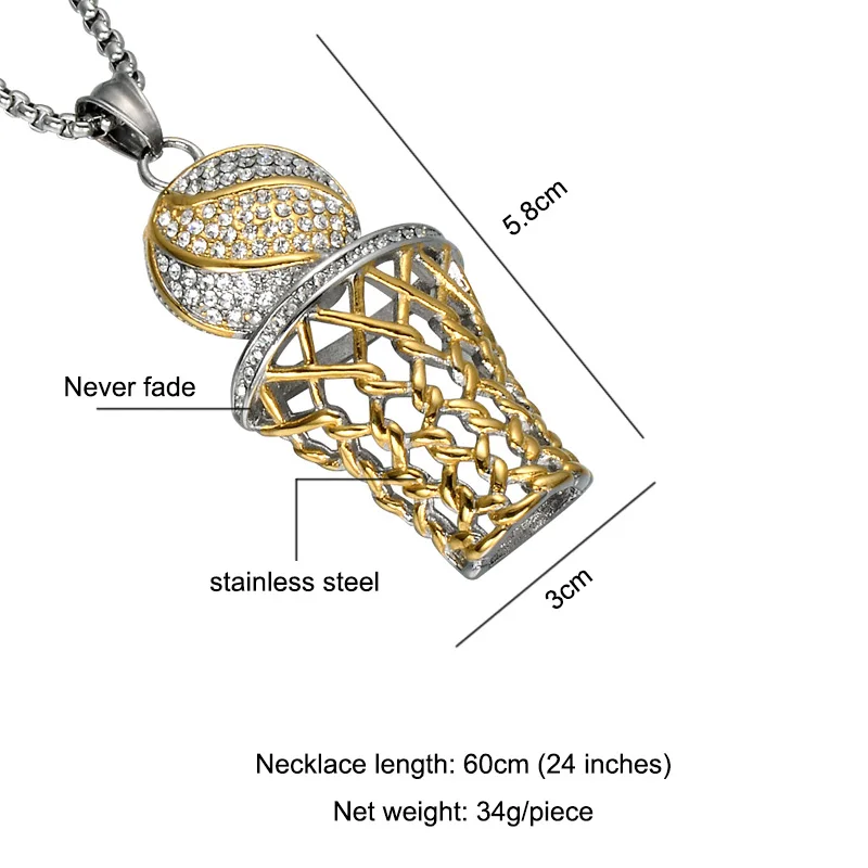 Хип-хоп, ледяные лучи, баскетбольные кулоны на обруче, ожерелье на цепочке, мужское ожерелье баскетбольное из нержавеющей стали, спортивные мужские ювелирные изделия Jordan - Окраска металла: N01196