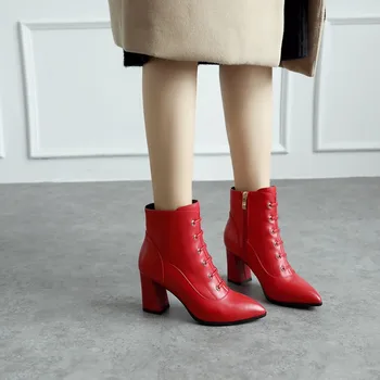 

GPOKHDS 2020 women ankle boots cow leather autumn spring red color pointed toe high heels soft boots size 33-42 party dress