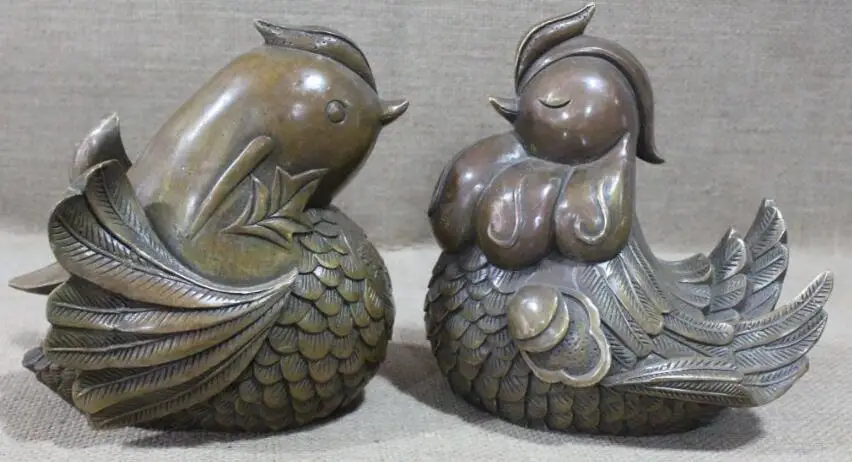 

S6961 8" Marked Chinese Bronze FengShui Animal Symbolize Mandarin Duck Pair Sculpture D0318