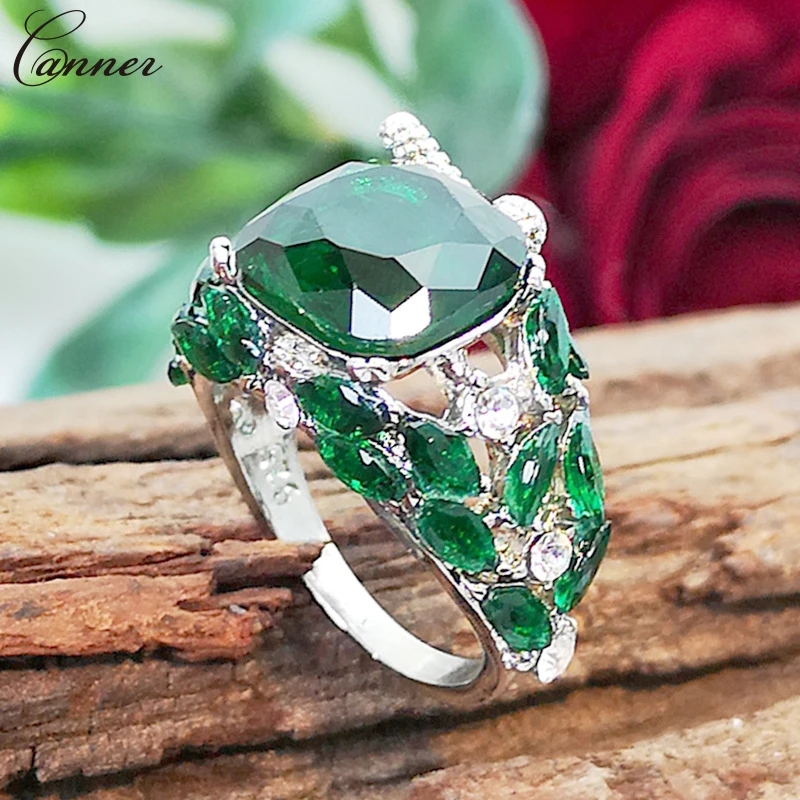 Silver Big Stone Rings for Women Wedding Green Zircon Ring Crystal Rhinestone Bird Leaf Ring Vintage Jewelry Bague Femme Q3