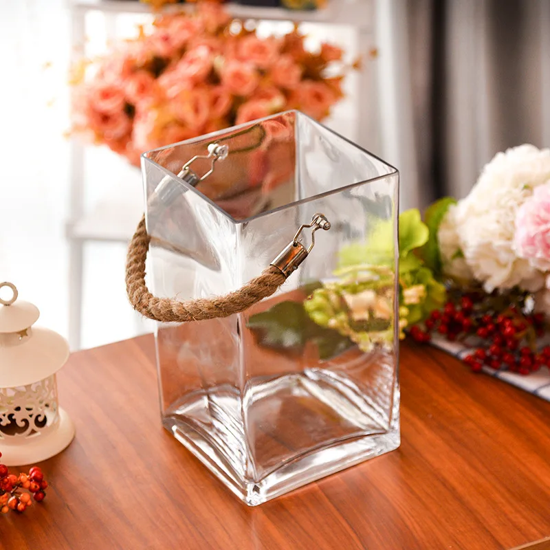 O Roselif Brand New Creativity Glass Square Vase With Rope Home