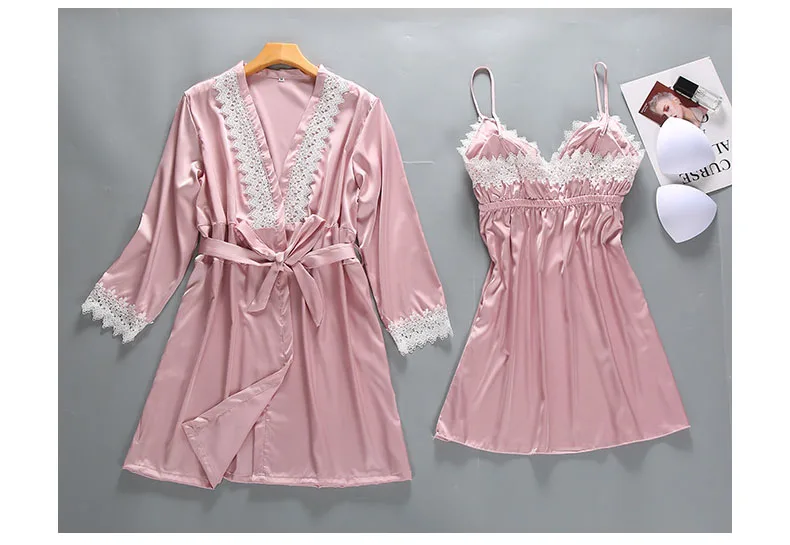 Queenral 2PCS Robe Gown Sets Women's Sleepwear Women Sexy Lace Bathrobe + Mini Night Dress Bathrobe Nightie Set Summer Lingerie 123
