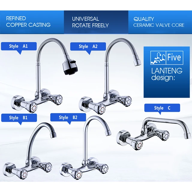 Best Price Copper Wall-Mounted Kitchen Faucet Hot and Cold Double Basin Sink Balcony Laundry Pool Mixing Valve