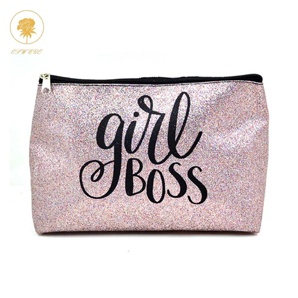 

Oswego Cosmetic Bag Glitter Letter Print Makeup Bag Women PU Leather Zipper Clutch Portable Fashion Travel Cosmetic Bag 2019