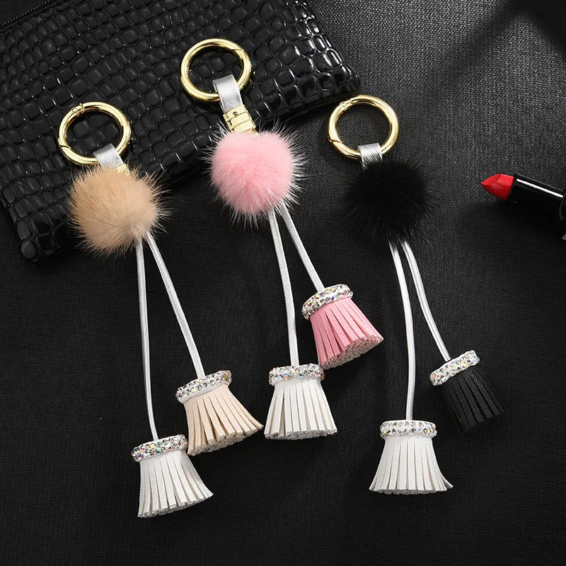 

4 cm Genuine Mink fur Keychain Pom Pom Ball Keyring Leather Tassel Rhinestone keychain for Women Bag Phone Accessories Pendant