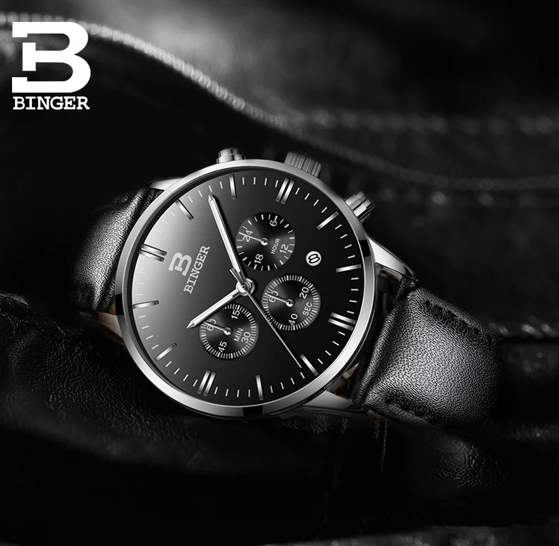 

Men Watch Top Luxury Brand BINGER Fashion Clock Genuine Leather Strap Waterproof Multifunction Quartz Wristwatches Gift Hot Sale