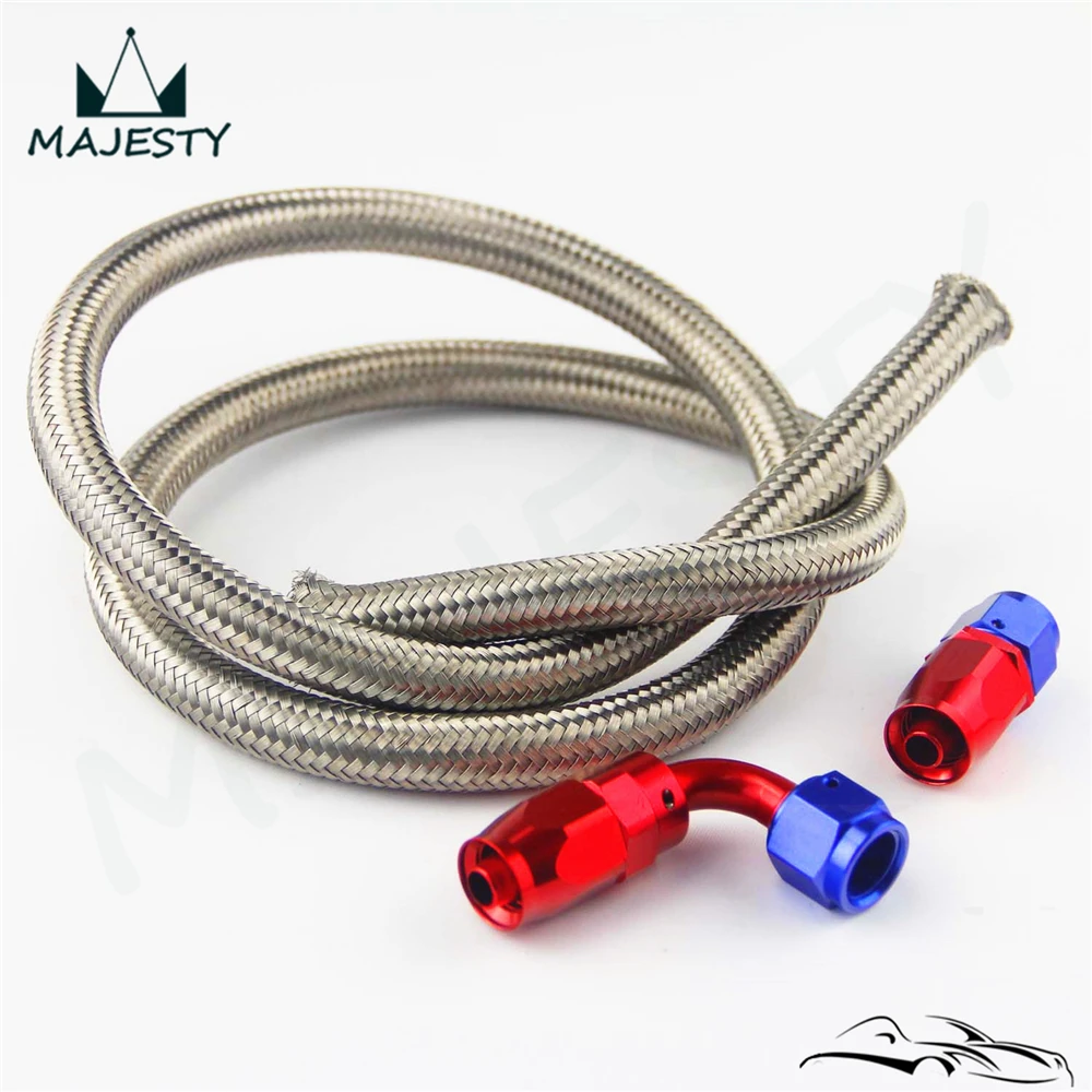 AN6 6 AN STAINLESS BRAIDED OIL/FUEL LINE HOSE 1M/3FT+STRAIGHT+90 degree