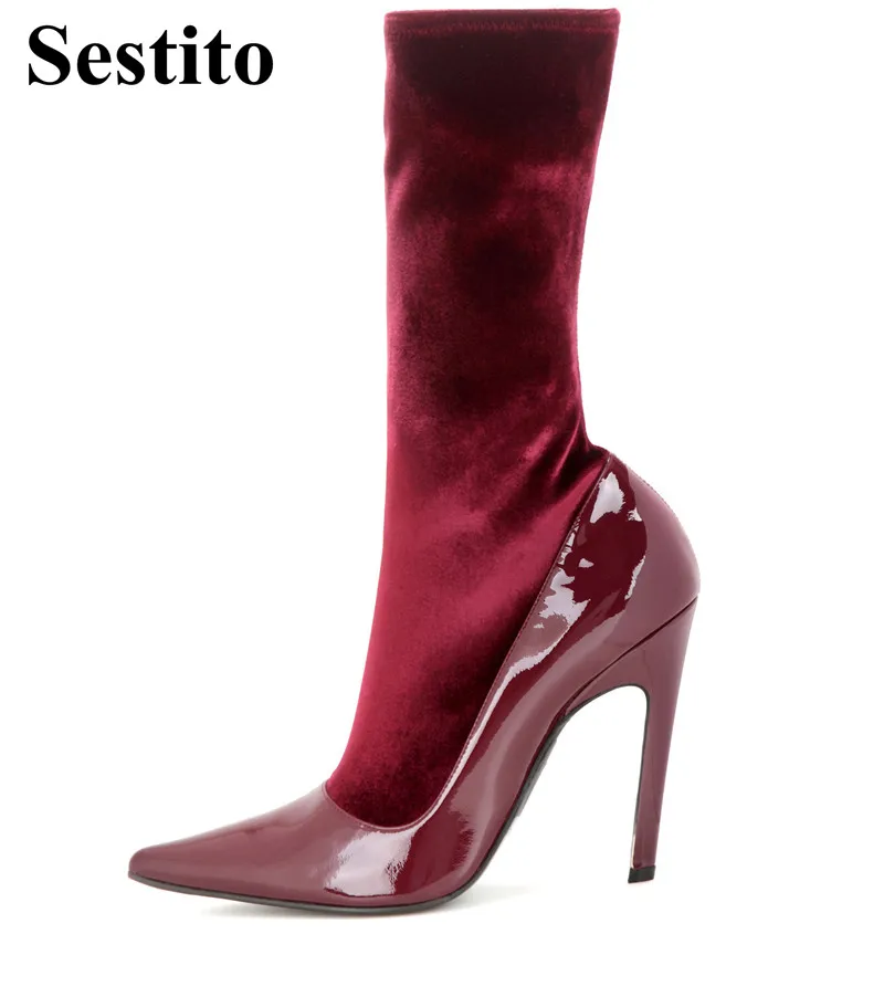 

Fashion Red Wine Super High Heel Woman Boots Pointed Toe Mid-Calf Boots For Women Slip-on Thin Heels Short Boots Women Shoes