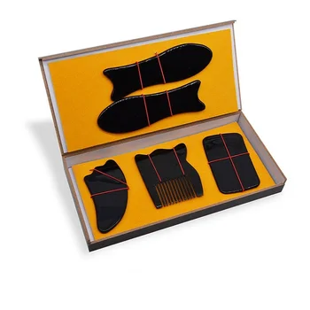 

5pcs Natural black wax scraping board and black ox horn massage comb beauty face Scrapping plate for health beauty