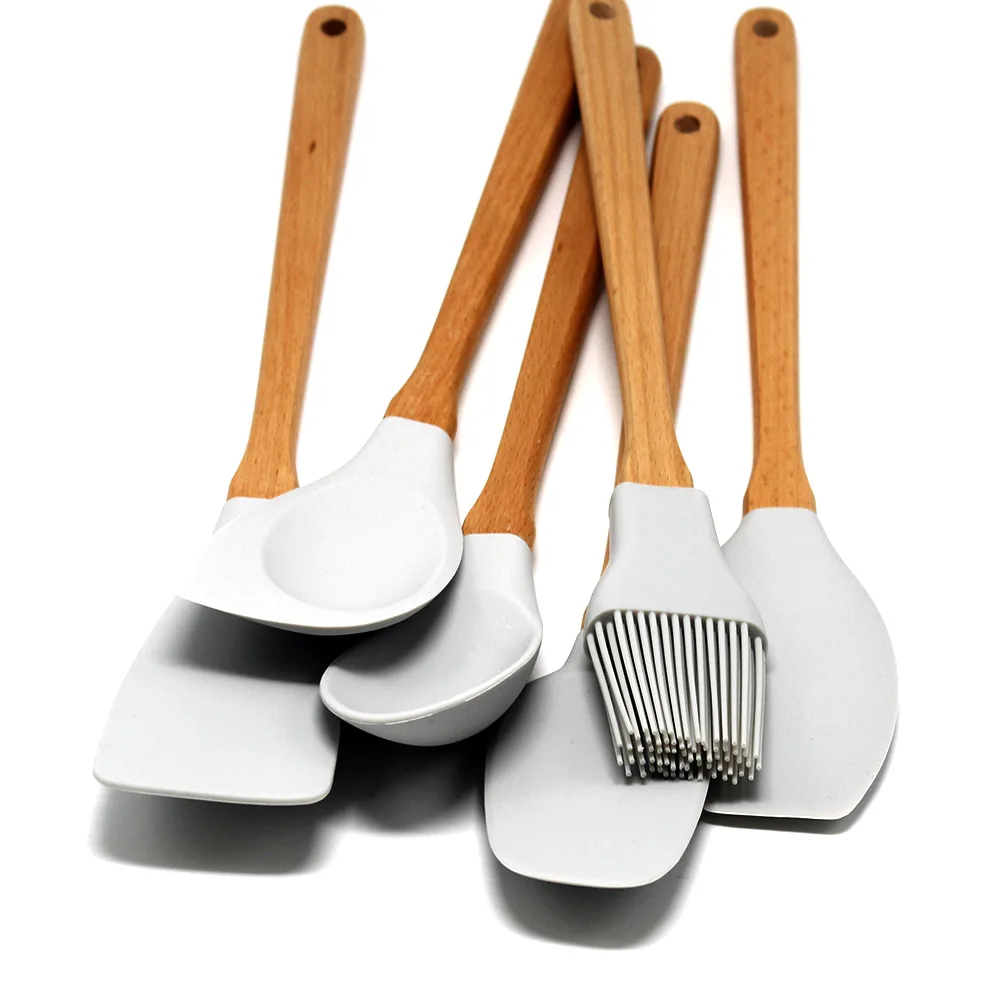 6pc FDA Silicone Grey Cooking Tools Wooden Handle Spoon Spatula Shovel