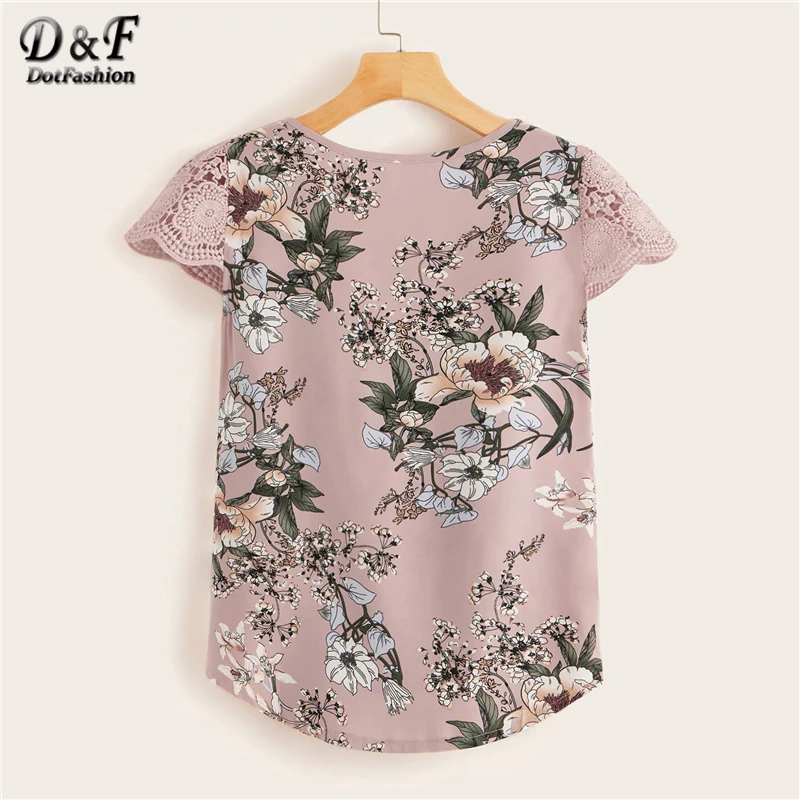 Dotfashion, контрастная кружевная Цветочная блузка с манжетами для женщин, с рукавом-крылышком, Boho, Женские топы и блузки,, плиссированные детали, летняя блузка