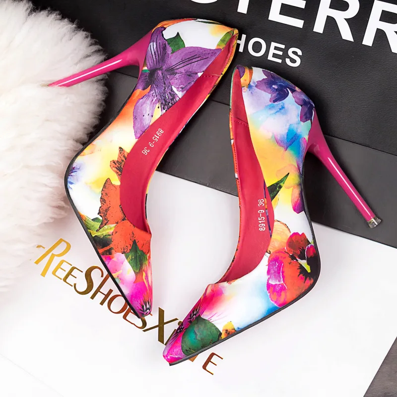 New High heeled Pumps font b Women b font Shoes High Heels Blue Orange Printing Shallow