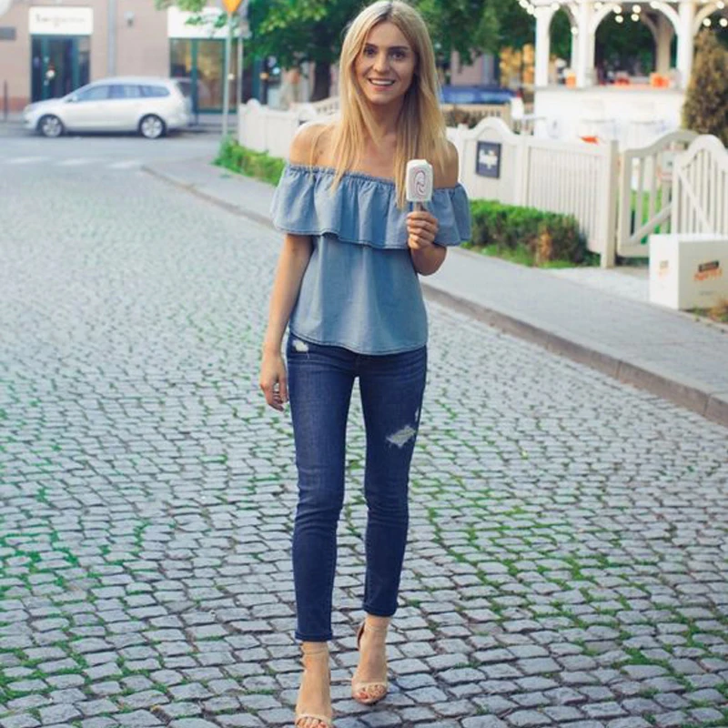 denim off the shoulder shirt