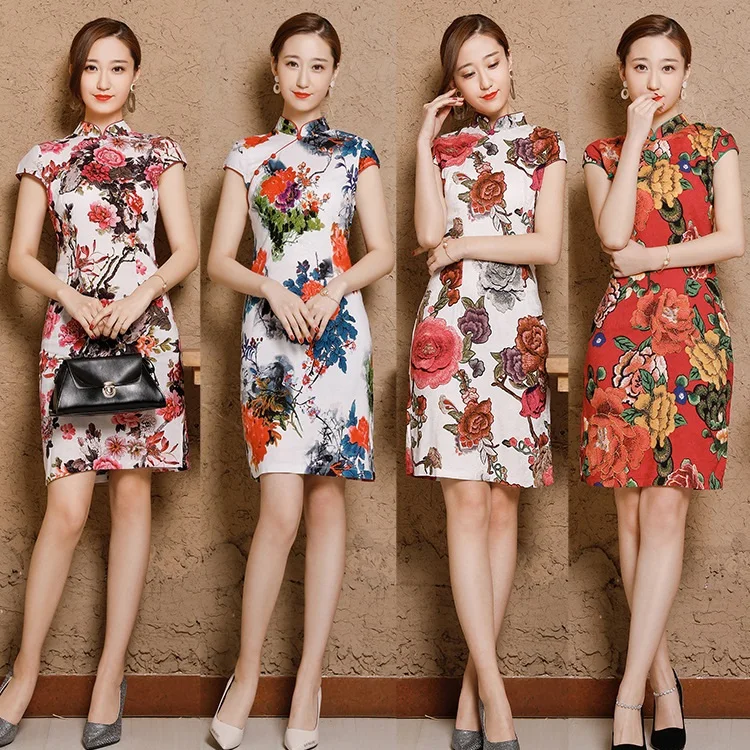 Women Linen Cotton Shanghai Plus Size Cheongsam Qipao Dresses XXXL 4XL 5XL Summer Short Chinese Traditional Printing Elegant  (6)