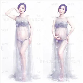 

Fashion Silver Gray Gown Gauze Maternity Photography Props Pregnant Women Long Dress Photo Shoot Fancy costum Dress Photo Shoot