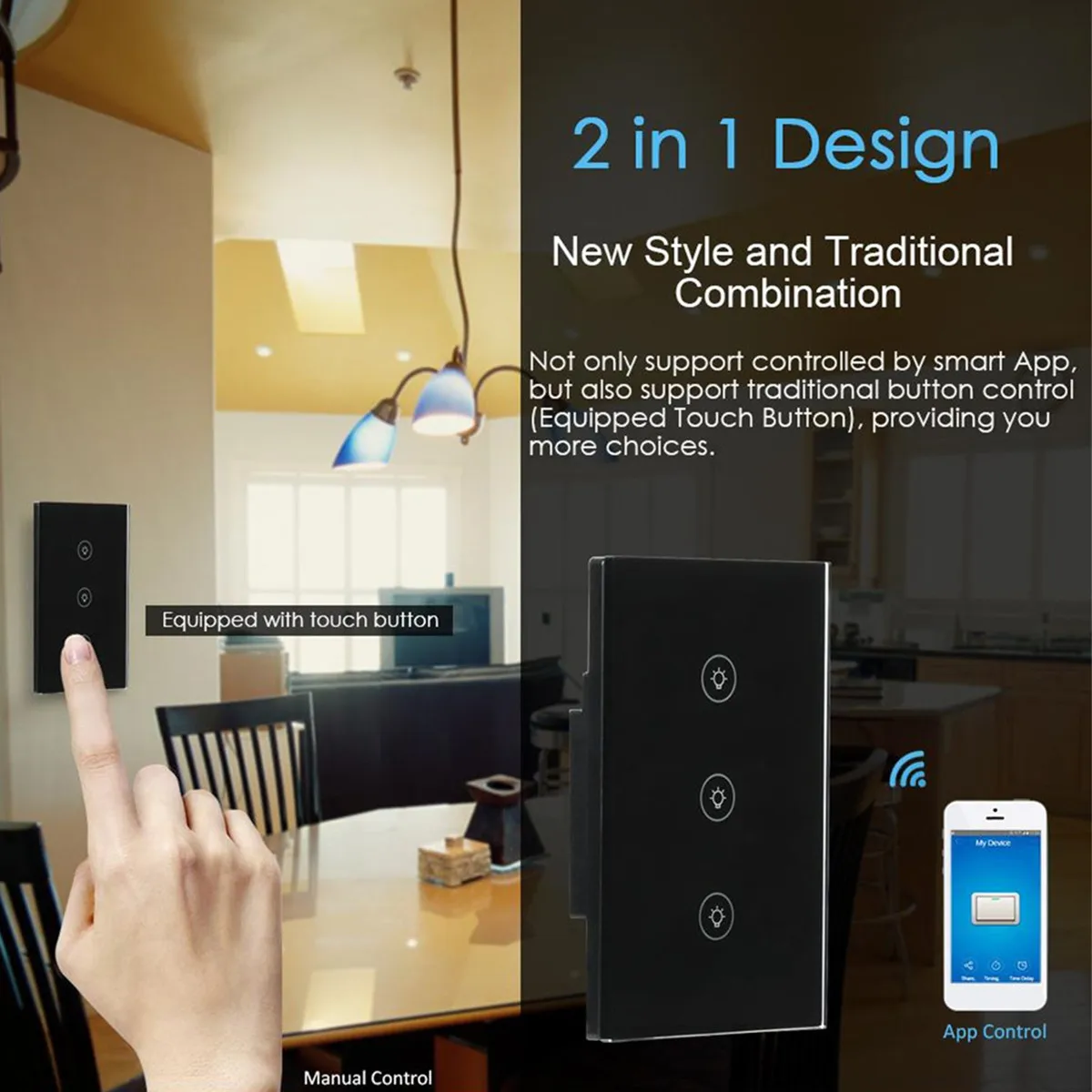 

App Remote Control Wall Switch EU/UK/US Plug 1/2/3 Gang WiFi Smart Light Switch Work with Alexa/Google Black Intelligent Safety