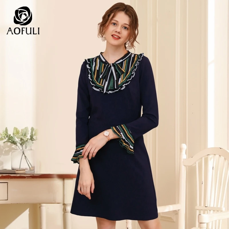 XL/2XL/4XL элегантное офисное женское платье с бантом на воротнике тонкое для осени и