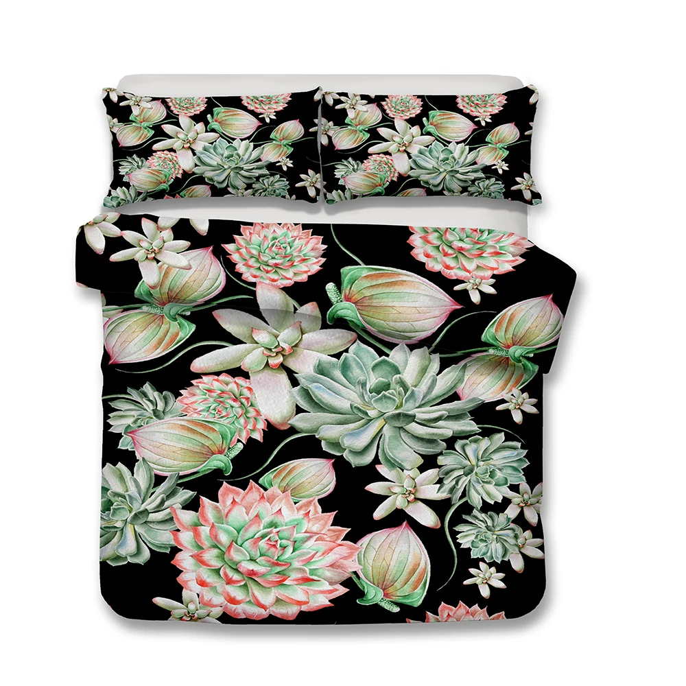 3D Print Succulent Bedspread Black Duvet Cover Set 100% Microfiber Bedding Set with Pillowcase Bed Linen Set Plants Bedclothes
