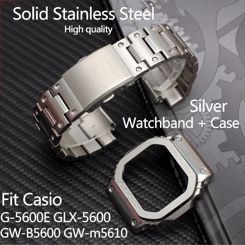 Baru Tugas Solid Stainless Steel Watchband Fit Casio G-Shock Gw-B5600  Gw-m5610 G-5600E GLX-5600 untuk Pria Tali Kasus Gelang + Alat - AliExpress  Jam tangan