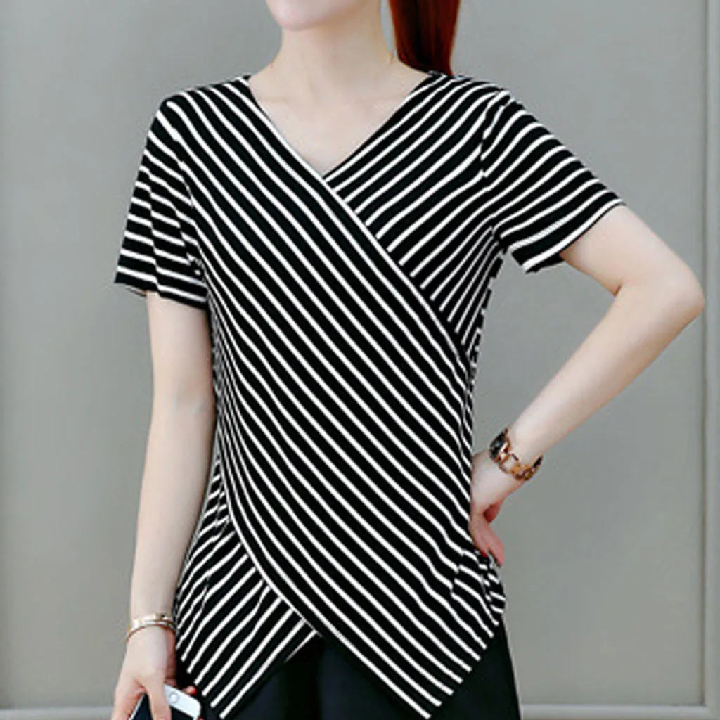 Women blouse 2019 Fashion Ladies' Short Sleeved  Lrregularity  Shirt With  V Neck Stripe Shirt