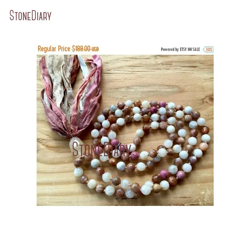 20180313-NM11083-10mm Faceted Moonstone Pave Diamond Sunstone Rhodonite 108 Mala Beads Goddess Yoga Jewelry Heart and Intuition Crown Chakra Silk Sari Tassel_2
