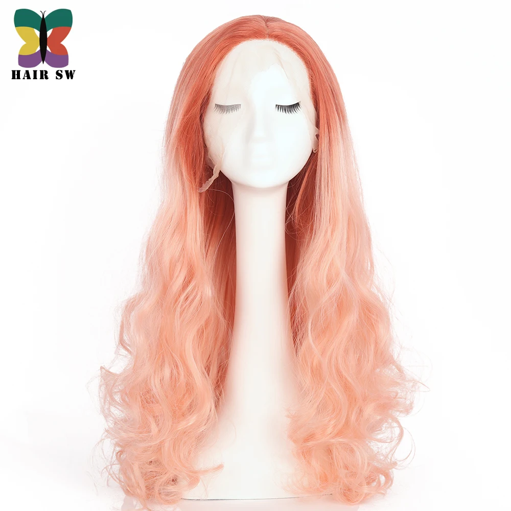 HAIR SW Long Body Wave Synthetic Lace Front Wig Peach Pink Ombre Natural Deep Hairline two tone Color Heat resistant for women