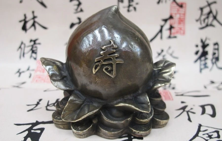

China Folk Feng Shui Bronze Copper Lucky Wealth Money longevity Peach Statue