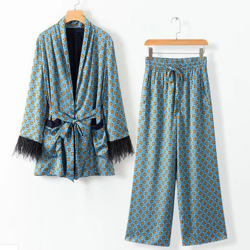 

Europe and the United States early autumn new women's feathers down casual suit jacket printed wide leg pants suit