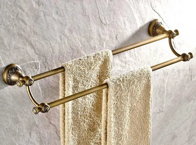 Towel Bars Antique Brass Double Rails Towels Holder Bathroom Shelves Wall Mount Bathroom Accessories Towel Hanger zba425