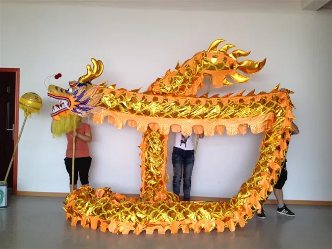 10 м 6 взрослых длина дракон фонарь позолоченный Китайский дракон танец Дракон Китайский народный фестиваль праздничный костюм - Цвет: Золотой