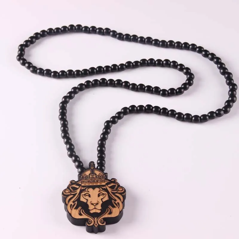 

128 Beads Lion King Pendant Wooden 8mm Bead Necklace Laser Engraving Marking Hiphop Personality Necklace for Men
