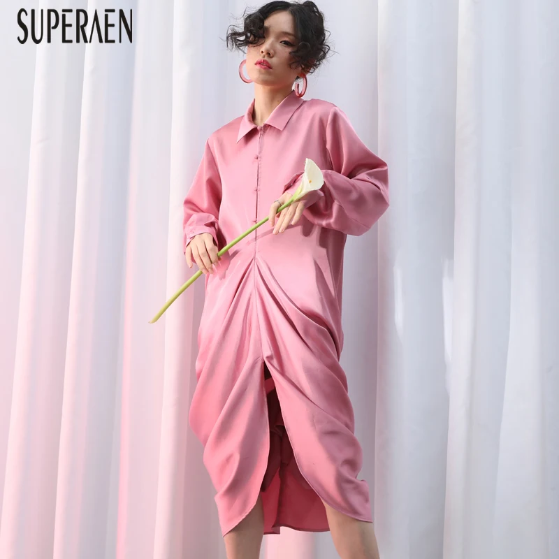 

SuperAen Fashion Women Summer and Spring New Women Shirt Dress 2019 Solid Color Wild Casual Ladies Dress Long Sleeve Dresses