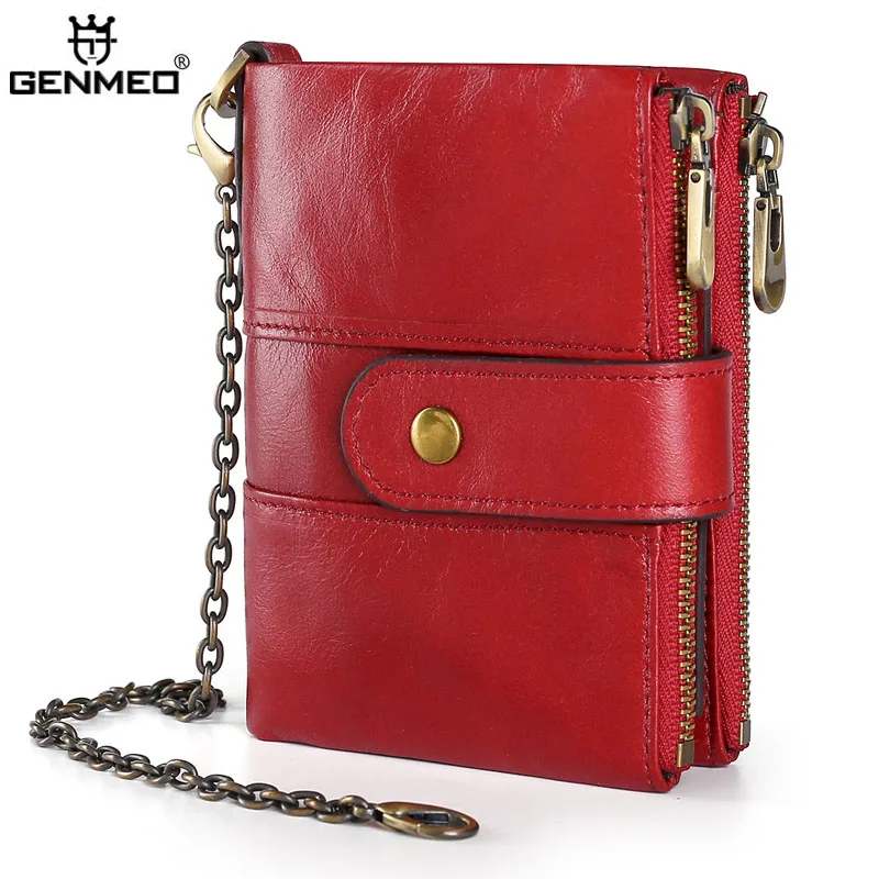 

GENMEO New Genuine Leather Wallet Men RFID Blocking Cow Leather Purse with Chain Clutch Bag Coin Purse Bolsa Feminina