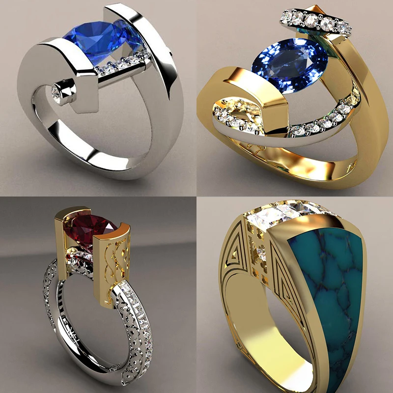 Винтажное мужское женское Кристальное синее кольцо с красным камнем, роскошное серебряное Золотое обручальное кольцо, обручальные кольца для мужчин и женщин