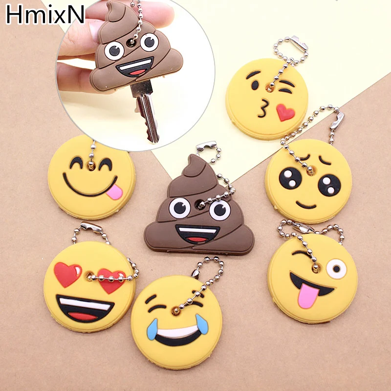 

New cute key cover Emoji smile Stool Amusing cartoon Keychain Jewelry Head yellow face Silicone Key chain ring holder porte clef
