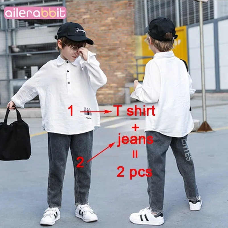Комплект одежды для мальчиков, модная футболка с короткими рукавами и штаны, хлопковый полосатый топ с надписью, джинсовый костюм, Изысканная одежда - Цвет: white grey 309051