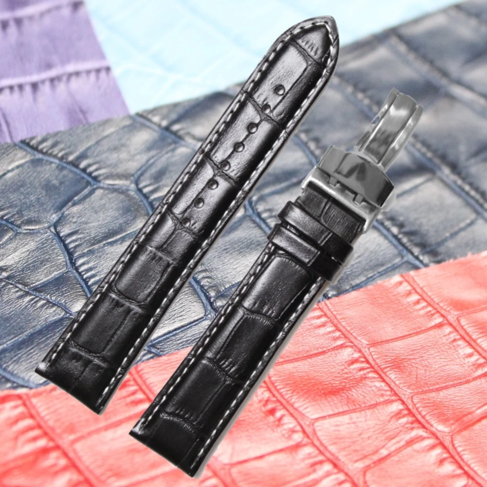

20mm Watchband Butterfly Clasp Buckle All Genuine Leather Unisex Black Stitch White Watch Band Straps WB1037C20GB