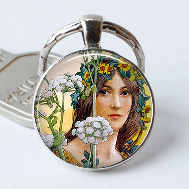 Art Nouveau Flower Fairy Keychain Cabochon Glass Keyring Art Nouveau Gift Oil Painting Key Chain
